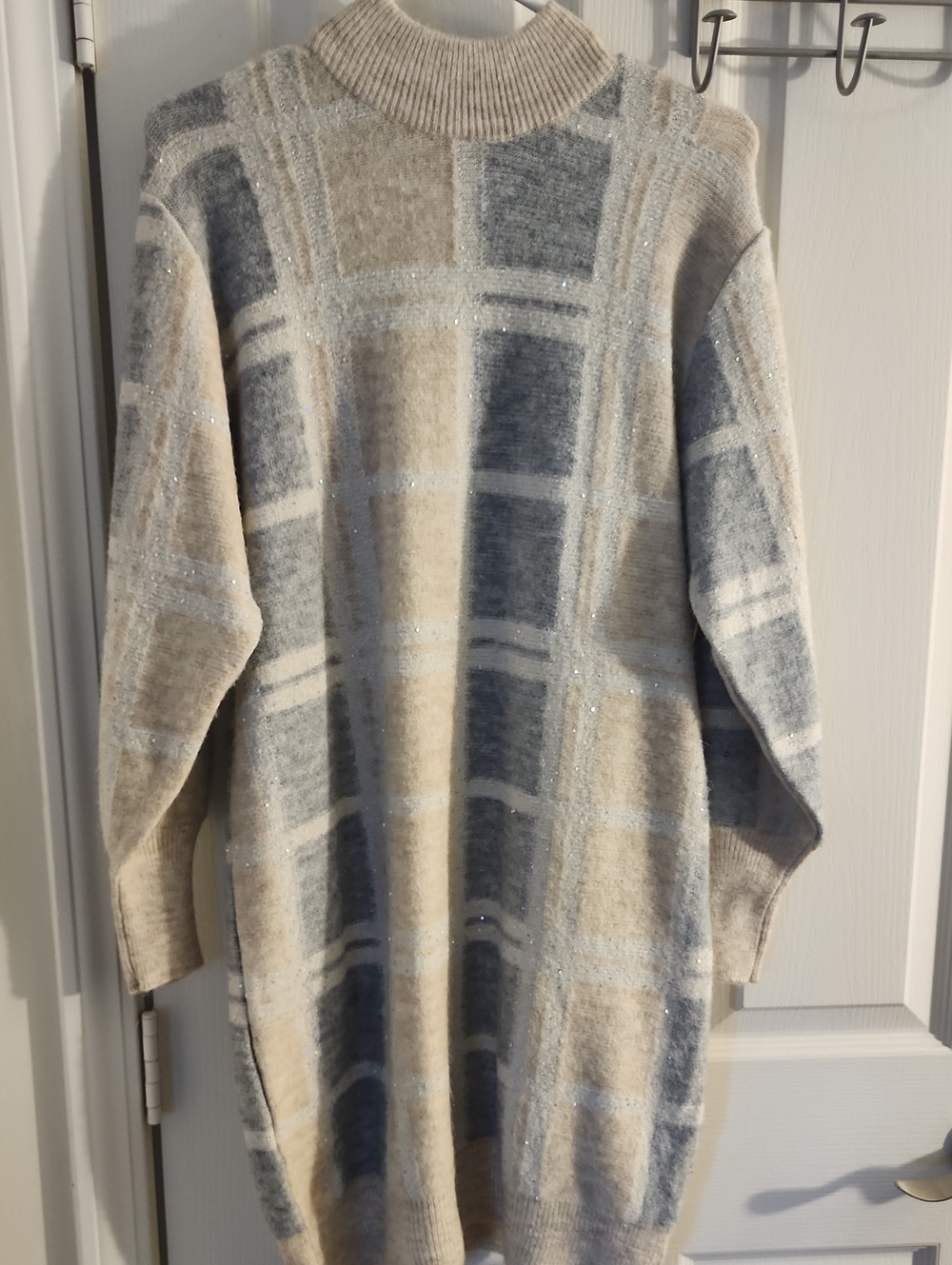 Cozy Plaid Cowl-Neck Sweater Dress in Cream and Gray